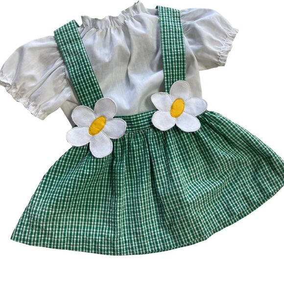 Darling Vintage 1970s / 1980s Green Gingham Daisy Suspender Skirt Overalls - Picture 1 of 7